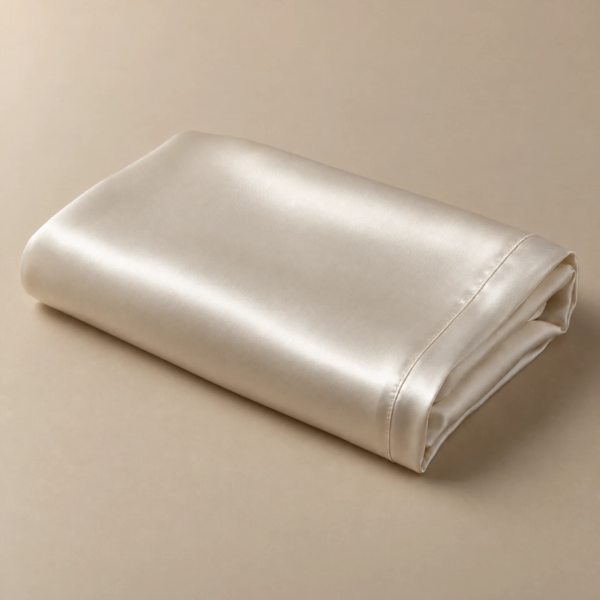 A folded ivory mulberry silk pillowcase photographed at a three-quarter angle on a warm sand backdrop.