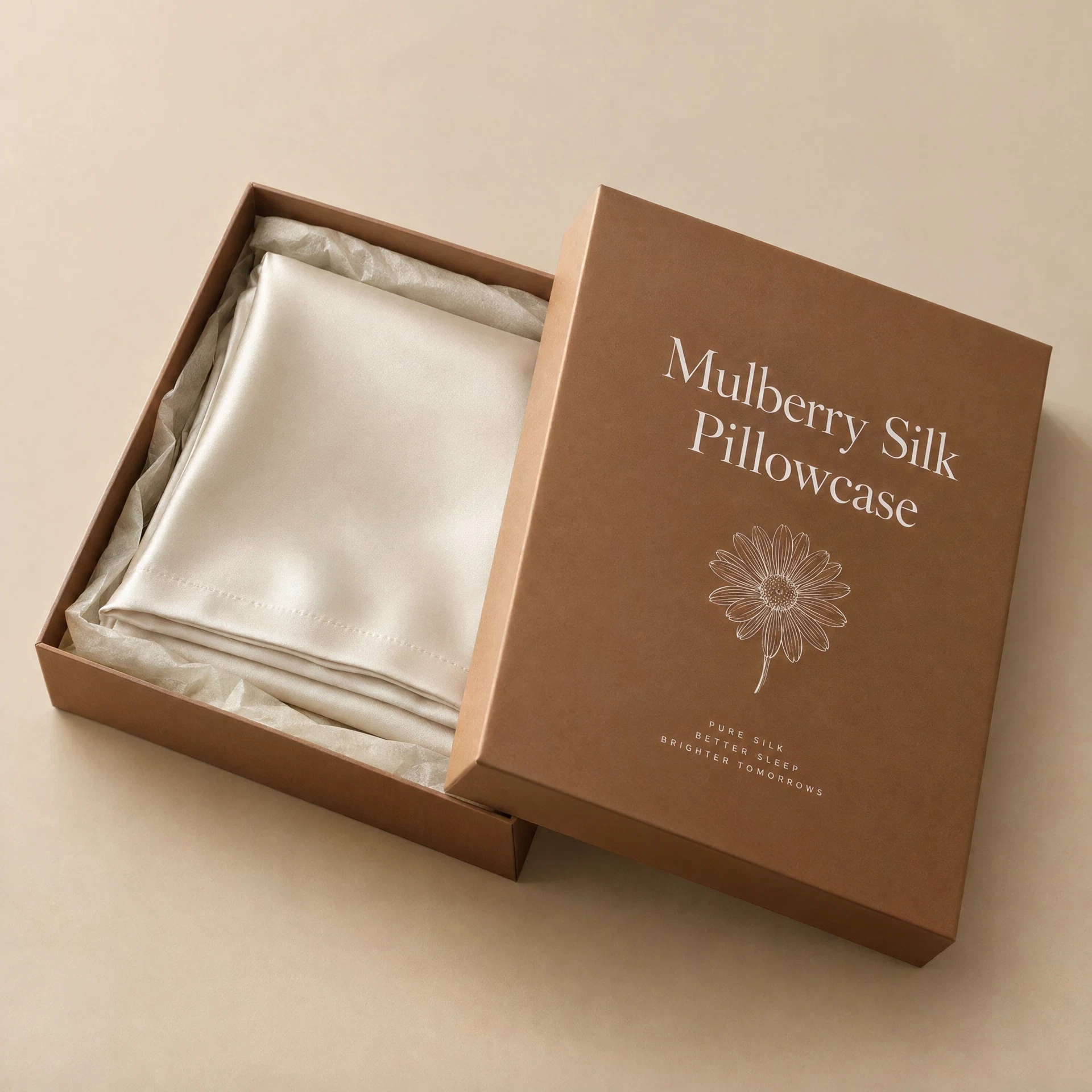 The open gift box with its lid set to one side, showing the ivory silk pillowcase folded on cream tissue paper.